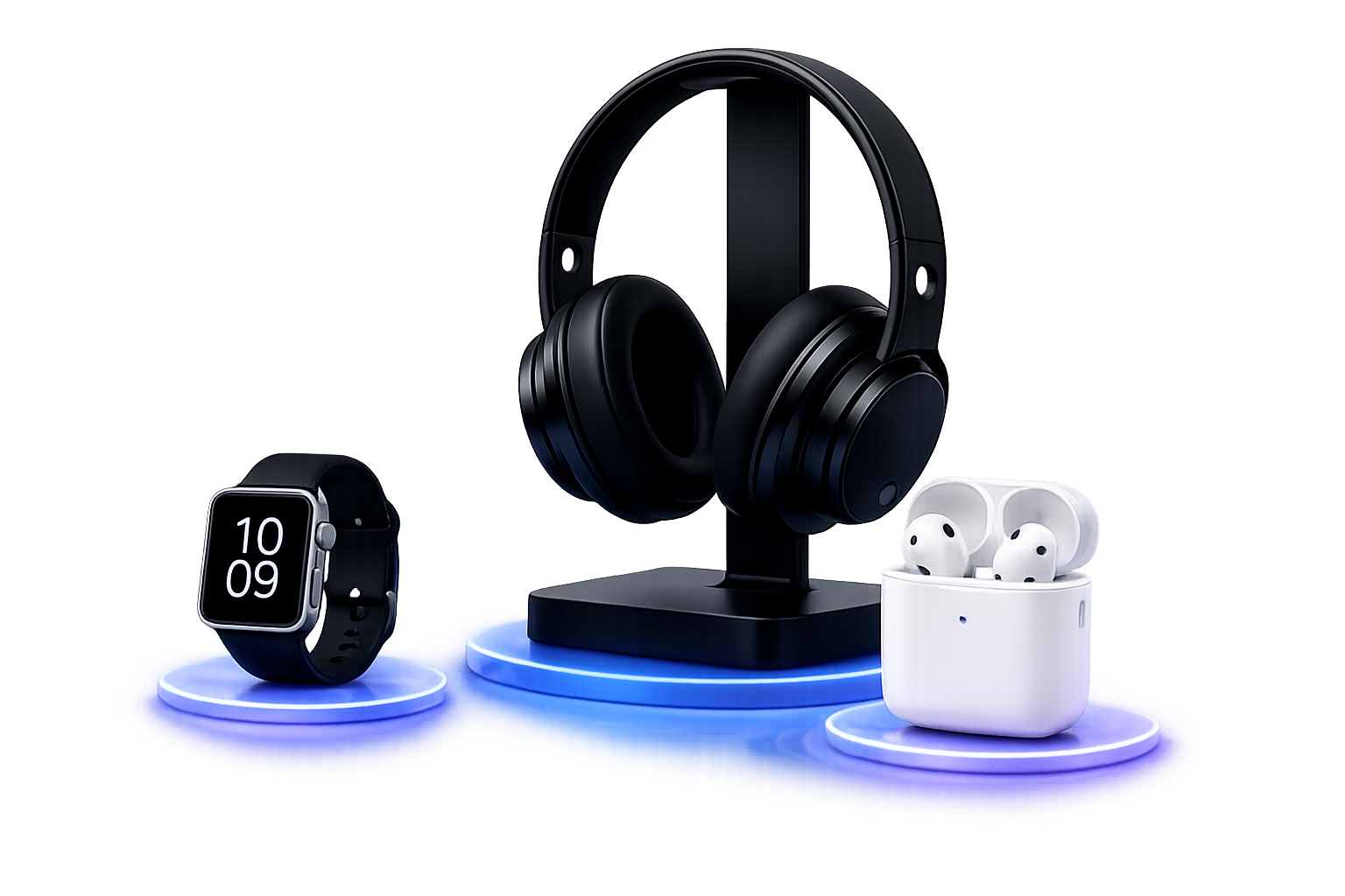 Headphones, smart watch and wireless earbuds